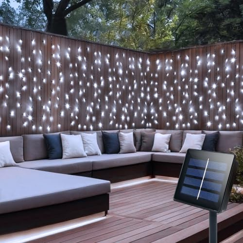 CCILAND Solar-Vorhanglichter für den Außenbereich, 4 m x 1 m, 200 LEDs, grüner Draht, Wasserfall-Lichterkette für Schlafzimmer, Garten, Terrasse, Pavillon, Dekoration, Kaltweiß