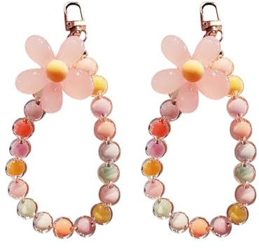 HugeDE 2 Pcs Beaded Mobile Phone Straps With Flower Hand Wrist Lanyards and Chain Strings for Women Girls