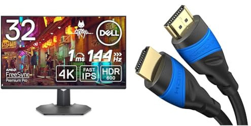 Dell G3223Q 32 Inch 4K UHD (3840x2160) Gaming Monitor, 144Hz, Fast IPS, 1ms, AMD FreeSync Premium & HDMI Cable 4K – 5m – with A.I.S Shielding – Designed in Germany