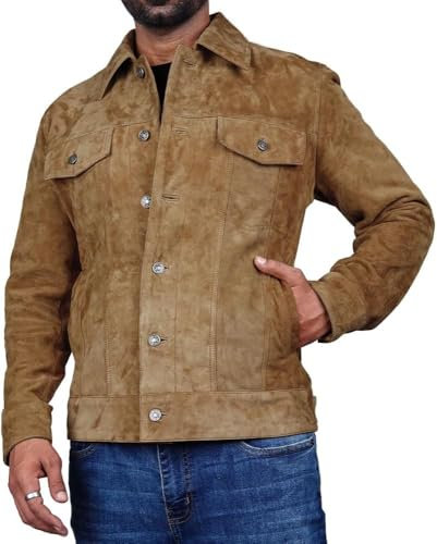 Herren-Wildlederjacke, echtes Lammfell, Wildleder, lässige Lederjacken für Herren, Trucker-Mantel für Herren, Khaki, XXL