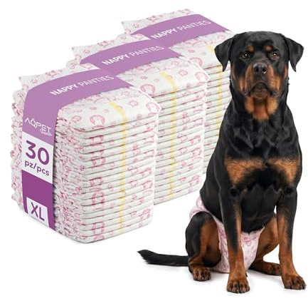 Aqpet Lot de 30 Couches hygiéniques pour Chiens Femelles pour Cycle d'incontinence avec Fermeture adhésive réglable, Anti-Odeur, jetable, Taille Extra Large 600 x 340 mm, Lot de 30