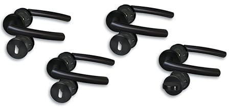 Rosettengarnitur II Türbeschlag im 4er Set, Edelstahl schwarz für 3 Zimmertüren mit Buntbartlochung und 1 Bad-WC-Tür, Cliprosette Ø52mm, Türklinke, Türgriff