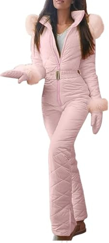 Goolecrimp Skianzug für Damen Schneeanzug Overall für Damen Modischer schmaler winddichter Skianzug mit Kapuze Outdoor Sport mit Haarkragen Skianzug mit Handschuhen (Rosa,M)