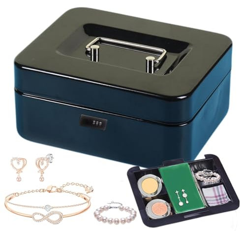 Metal Cash Box - Small Cash Box With Key Lock | Secure Safe And Strong Key Locking Money Tin With Glossy Finish | Portable Security Lock Box Deposit Box With Code For Banknotes, Cards, Jewelry, Keys