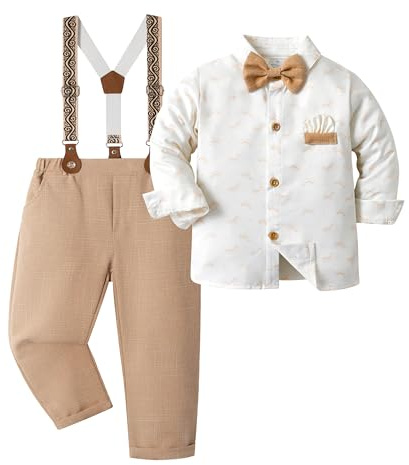 Volunboy Baby pojkar gentleman kläder kostym, småbarn fluga skjortor hängslen byxor 4 st tryckta formella kläder set, 2-3 Years