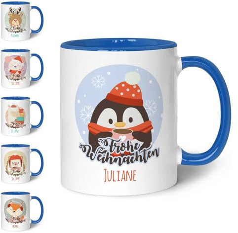 GRAVURZEILE Bedruckte Weihnachtstasse - Weihnachtstiere - Personalisiert mit Name - Frohe Weihnachten - Weihnachtsdeko - Geschenk für jungen und Mädchen zu Weihnachten - Blau
