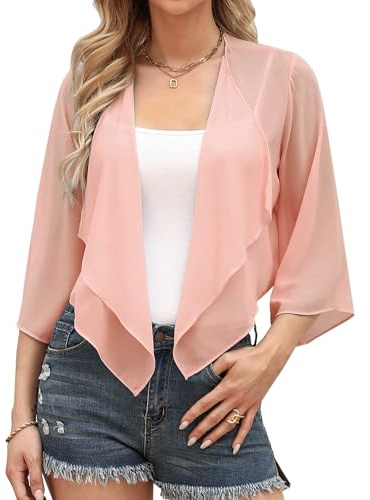 Aottori Boléro Femme Manches Trois Quarts Coupe Courte Été Mousseline | Mousseline légère, manches trois quarts évasées avec devant ouvert, forme courte type boléro, pour mariage soirée ou fête