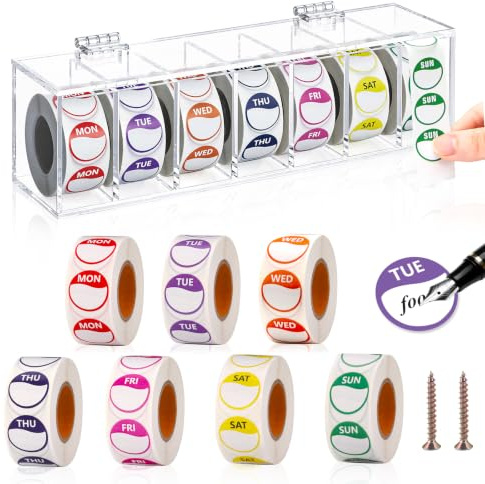 3500 PCS 7 Days of The Week Stickers 0.79 Inch Sticker Roll Dispenser Holder Acrylic Day Dot Dispenser Food Date Labels Stickers Monday to Sunday for Kitchen Restaurant Expiration Date