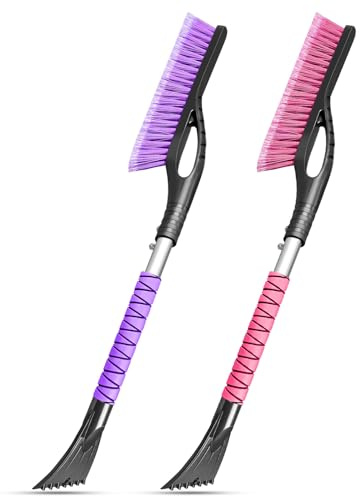 HEEYA 2 Pack 27 Inch Ice Scraper and Brush for Car, Snow Brush and Ice Scraper with Foam Grip, Detachable Snow Scraper for SUV Truck Jeep Vehicle Auto Windshield Window - Purple & Pink