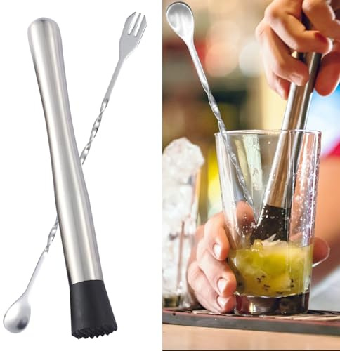 Stainless Steel Cocktail Muddler, Cocktail Stirrers, Mocktail Crusher Cocktail Spoon ice Tong, Home Bar for Making & Creating Delicious Mojitos, Other Fruit Based Drinks