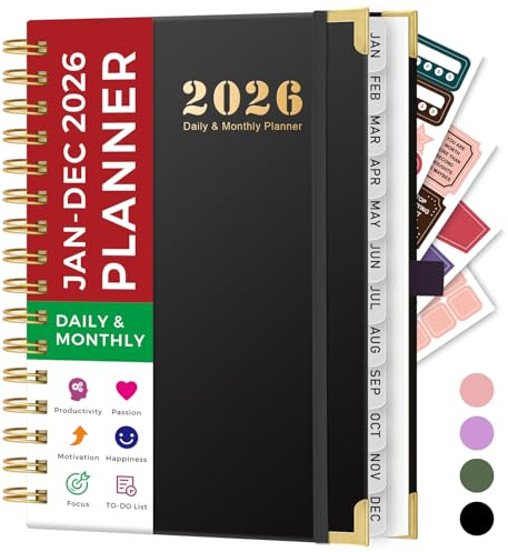 Agenda 2026, format A5, jour par page, janvier à décembre 2026, planificateur journalier et mensuel avec porte-stylo, onglets 12 mois, 4 autocollants de planificateur, poche intérieure, calendrier à