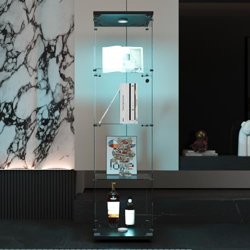 FEEOHOME Vitrine aus Glas mit LED, transparent, freistehend, aus gehärtetem Glas, 4 Schichten mit 1 Tür, Sammlervitrine für Wohnzimmer, Schlafzimmer, 82 x 36 x 164 cm