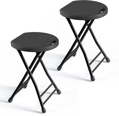 IWDOO Folding Stool, 18 Inch Foldable Stool with Handle & Steel Frame, Pack of 2 Folding Bar Stools, 440lbs Sturdy Foldable Lightweight Metal Chair for Camping, Indoor and Outdoor, Black
