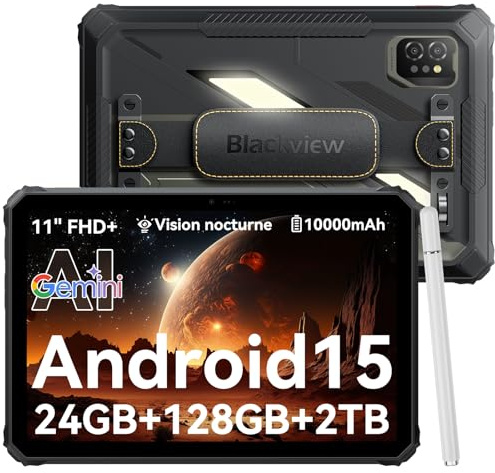 Blackview Active 7 Tablet Rugged 11 Pollici FHD+ Android 15 GeminiAI/20MP Visione Notturna/Luce Campeggio/Dual 4G Rugged Tablet PC 24 GB RAM+128 GB ROM+2 TB TF NFC/GPS/10000mAh/45W/OTG/con Penna Stilo