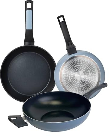 Juego de 2 Sartenes de Ø20Ø26cm + Wok de Ø30cm en Aluminio prensado color Azul NOIA San Ignacio