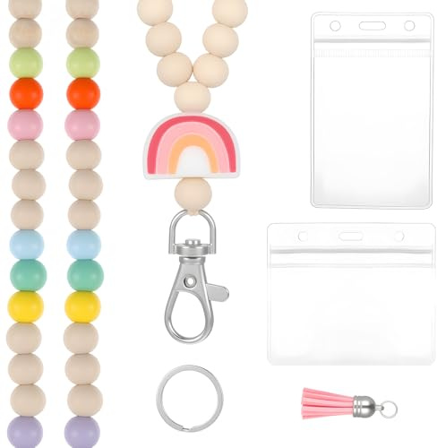 Wooden Beaded Lanyard, Candy Colorful Beaded Lanyards for Id Badges Teacher Lanyard with Id Holder Colorful Cute Teacher Neck Lanyards for Women Girls Gift