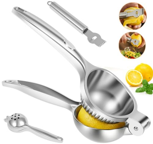 BAODBF Citruspress rostfritt stål 7 cm, 2 i 1 med citronskalare, hög juiceabsorption och urkärning, diskmaskinssäker, förstärkt och tyngd manuell limepress för bar cocktail kök