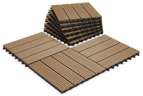 18 x Verbundwerkstoff-Terassenfliesen - Teak-Farbe - Click-Deck - ineinandergreifende Deck-Fliesen für: Veranda, Balkon, Dach, Garten und die Terasse - Bodenbelag mit geringer Wartung