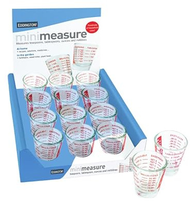 Mini vaso dosificador de cristal de 5 a 35 ml Graduación en milímetros, centilitros, cucharita de café, cucharada de sopa y onzas.Diámetro: 5 cm. Altura: 6 cm.