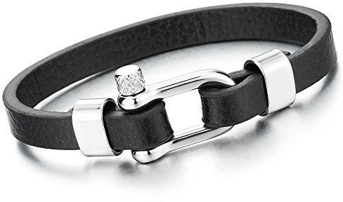 COOLSTEELANDBEYOND Dünne Edelstahl Schraube Anker Damen Herren Schwarz Leder Armband, Nautisch Matrose Wickeln Strap Schweissband
