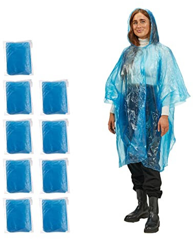 Relaxdays Ponchos imperméables jetables, Lot de 10, ciré avec capuche, contre la pluie, randonnée, unisexe, bleu