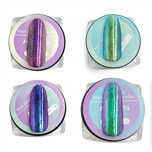 ALEXNAILART 4 Stück Spiegel Pulver für Gelnägel - Glitzerpuder Holografische Chamäleon Chrom metallic Reflektierend Staub Nagel dekoration Zubehör Maniküre Design Tool - 1 g pro Box