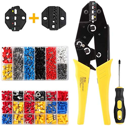 Aweohtle 2 in 1 Crimpzange mit 2 Ersatzköpfen,Multifunktionszange mit 370 Kabelschuhen und 800 isolierten Crimpkabelschuhen