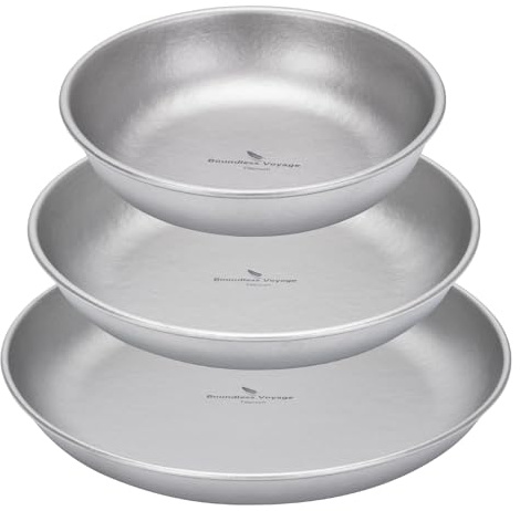 iBasingo 3-teilig Titan Teller Set TA1, Runde Saucerteller und Speiseteller 11,5cm 15cm 18,5cm, Ultraleicht Campinggeschirr für BBQ Reise Alltag, Rostfrei, Spülmaschinenfest Ti1104T