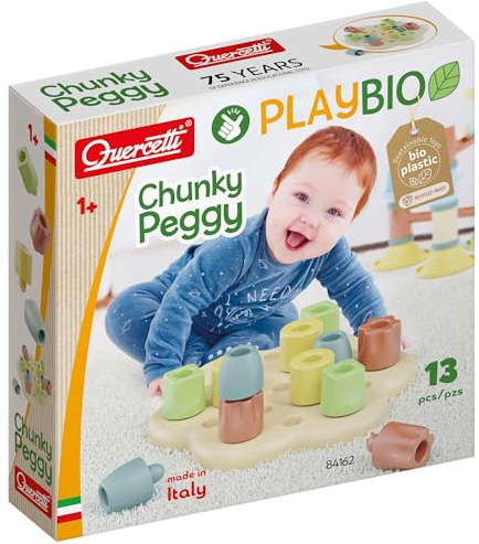 Quercetti Chunky Peggy Play Bio, Lernspielzeug ab 1 Jahr mit großen Steckbausteinen, farbenfrohem Steckspiel für Kinder, Montessori Spielzeug 2 Jahre, Baby Spielzeug zur Förderung der Feinmotorik