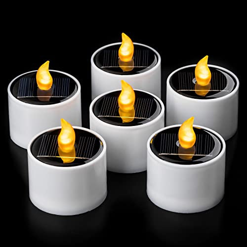 SingTok 6 Pack Warm Yellow Outdoor Rechargeable Solar Powered LED Tea Lights, Waterproof Flameless Flickering Solar Candles, Battery Operated Fake LED Votive TeaLights for Window Lanterns Decorations