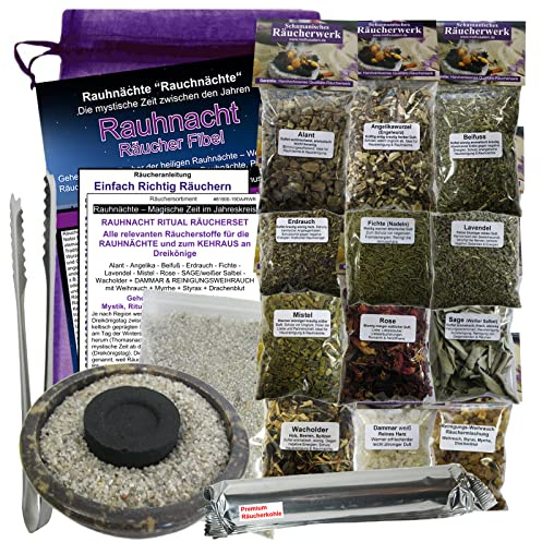 RAUHNÄCHTE Räucher Sortiment zum Ausräuchern 20-TLG Rauhnacht Set - 12x Räucherwerk mit Angelika, Sage, Weihrauch, Myrrhe, Styrax UVM. 8X ZUBEHÖR mit RÄUCHERSCHALE. 81900-19BZ