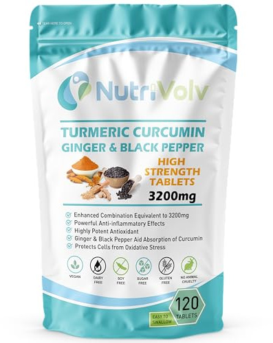 Nutrivolv Turmeric Curcumin 3200mg with Ginger & Black Pepper for Enhanced Absorption | High Strength | Organic | Vegan 120 Tablets | Joint Support, Inflammation & Pain Relief