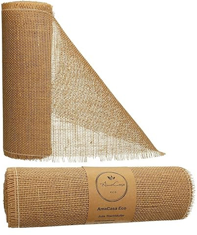 AmaCasa Eco Jute Tischläufer 30cm breit, 10m Rolle | gestärkte Jute mit kompostierbarem Etikett | Tischband Rustikal für Tischdeko Hochzeit, Kommunion und Taufe (Natur Stiff, 30cm x 10m)