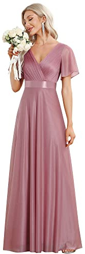 Ever-Pretty Women's Wedding Guest Dress with Sleeves High Waist Maxi V-Neck A-Line for Bridesmaid Orchid 22