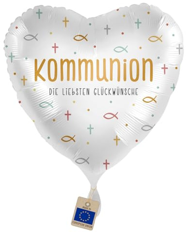 Folienballon Kommunion – die liebsten Glückwünsche | Herzballon zur Erstkommunion mit Fischsymbolen, Geschenk & Deko für Kommunionkind, Jungen, Mädchen, Kirche & Fotoecke