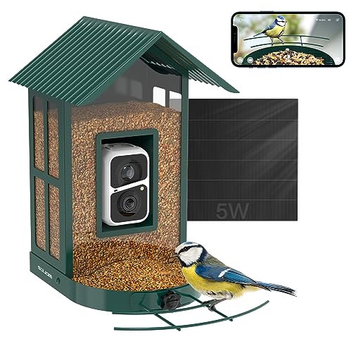 SOLIOM Vogelhaus mit Kamera,Vogelfutterspender für den Hinterhof, Vogelfutterhaus mit Video Aufnehmen,WiFi Kamera Smart Vogelfutterautomat mit Solarpanel Stromversorgung & KI-Vogelerkennung BF08