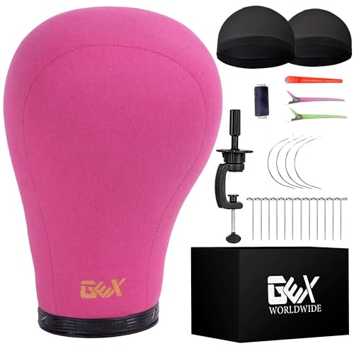 GEX 20-24 Canvas Cork Wig Block Mannequin Head for Wig Making Drying Styling Display with Table C Clamp Stand Holder (Rosy 24)