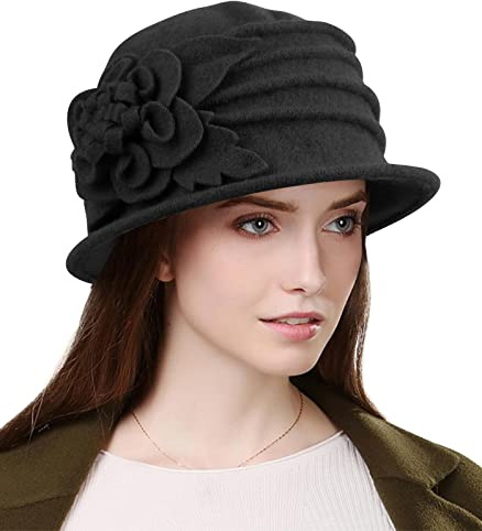 Wantonfy Damen Fischerhüte Wintermütze Warme Baret Hut Französischer Stil Vintage 1920s Vintage Bowler Wolle Winter Hut