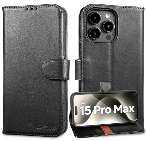 LENSUN Echtleder Hülle für iPhone 15 Pro Max, Flip Lederhülle - Schwarz | Handyhülle Echtes Leder, Magnetverschluss, Bookstyle Wallet, RFID Blocker, Stoßfeste Handytasche