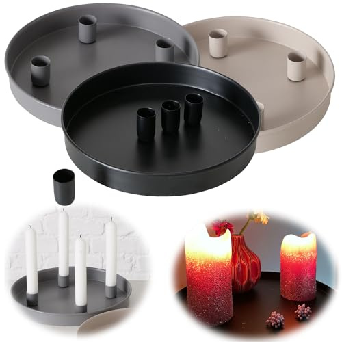 LS-LebenStil Kerzentablett Schwarz Magnet 4 Stabkerzen Rund 25cm für Stabkerzen Kerzenhalter Deko Tablett Kerzenständer Weihnachtsdeko Dekotablett für DIY Adventskranz Tafelkerzen