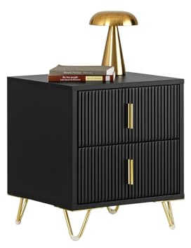 SoBuy Nachttisch mit 2 Schubladen Goldbeinen, 40x40x47 cm Schlafzimmer | Eleganter Beistelltisch mit Metallbeinen für Wohnzimmer, Studenten & Familie, Schwarz, FBT115-SCH