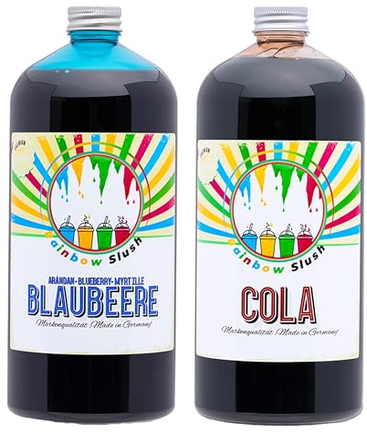 Rainbow Slush Sirup AZO FREI | 2x1 Liter Flasche | Konzentrat für Slushy Maker Eis Slushmaschinen Eismaschinen Getränke 1:5 bis 1:20 (1xCola/1xBlaubeere)