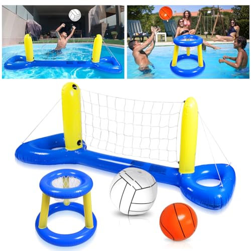 OSDUE Aufblasbares Volleyball-Set, Aufblasbare Pool Float Set Volleyballnetz & Basketballkörbe & Bälle Wasserspiele Poolspielzeug Spielzeugpool Volleyballspiel für Kinder und Erwachsene