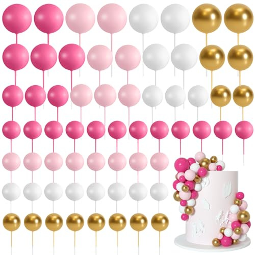 Bouiexye 75 Pieces Cake Balls Topper Decorations Foam Cupcake Topper Mini Balloon Cake Topper Balls Cake Picks for Cake Deco Birthday Party Wedding（Rose Pink, Pink, Gold, White）