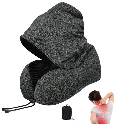 Coussin de nuque, en mousse à mémoire de forme, avec capuche, tour de cou complet, réglable, portable, avec sac à cordon de serrage, pour avion, voiture, bureau, pause déjeuner (A)