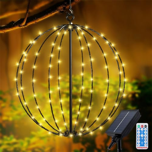 Solar Hängekugelleuchten Aussen Weihnachtsdeko Lichterkette, Wasserdichte Metall Leuchtkugel 30cm 120LEDs in 8 Modi mit Remote-Steuerung für Garten Terrasse Innen - Warmweiß