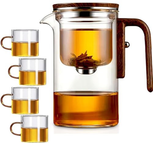 GodbTG Enchanti Tea Pot, Water Separation Glass Teapot with Wooden Handle, Press Control Magic Tea Pot (600ml)
