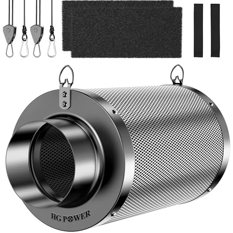 HG Power Filtro a Carbone Attivo 150mm, Lunghezza 250mm – Carbone Attivo Vergine Australiano 38mm, Controllo degli odori per Grow Box, idroponica & Ventilatore da Condotto, con 2 Pre-filtri