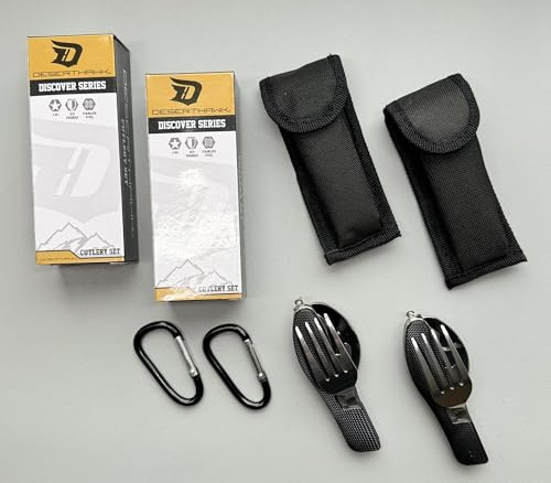Camping Besteck-Set, 2 Stück, Edelstahl, mit Karabiner und Tragetasche
