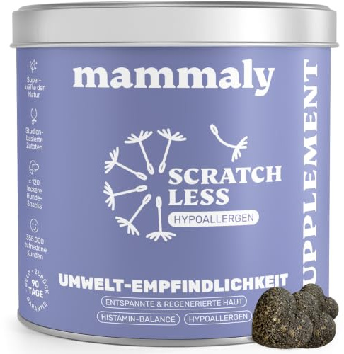 mammaly Scratch Less® Allergie-Komplex mit Hanföl & Zink (bis 60 Tage) | mit 120 Snacks für Fell- & Hautpflege - gegen Juckreiz - mit PEA, Insekten - DLG zertifiziert - mit Tierärzten entwickelt